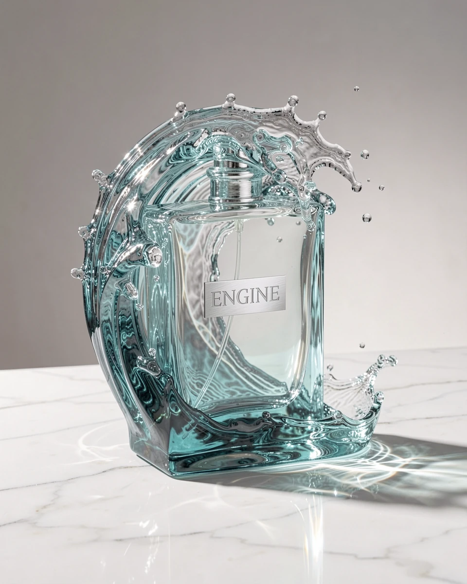A glass perfume bottle sculpted like a breaking wave, labelled ENGINE, generated by engine on FLUX.2 klein 9B