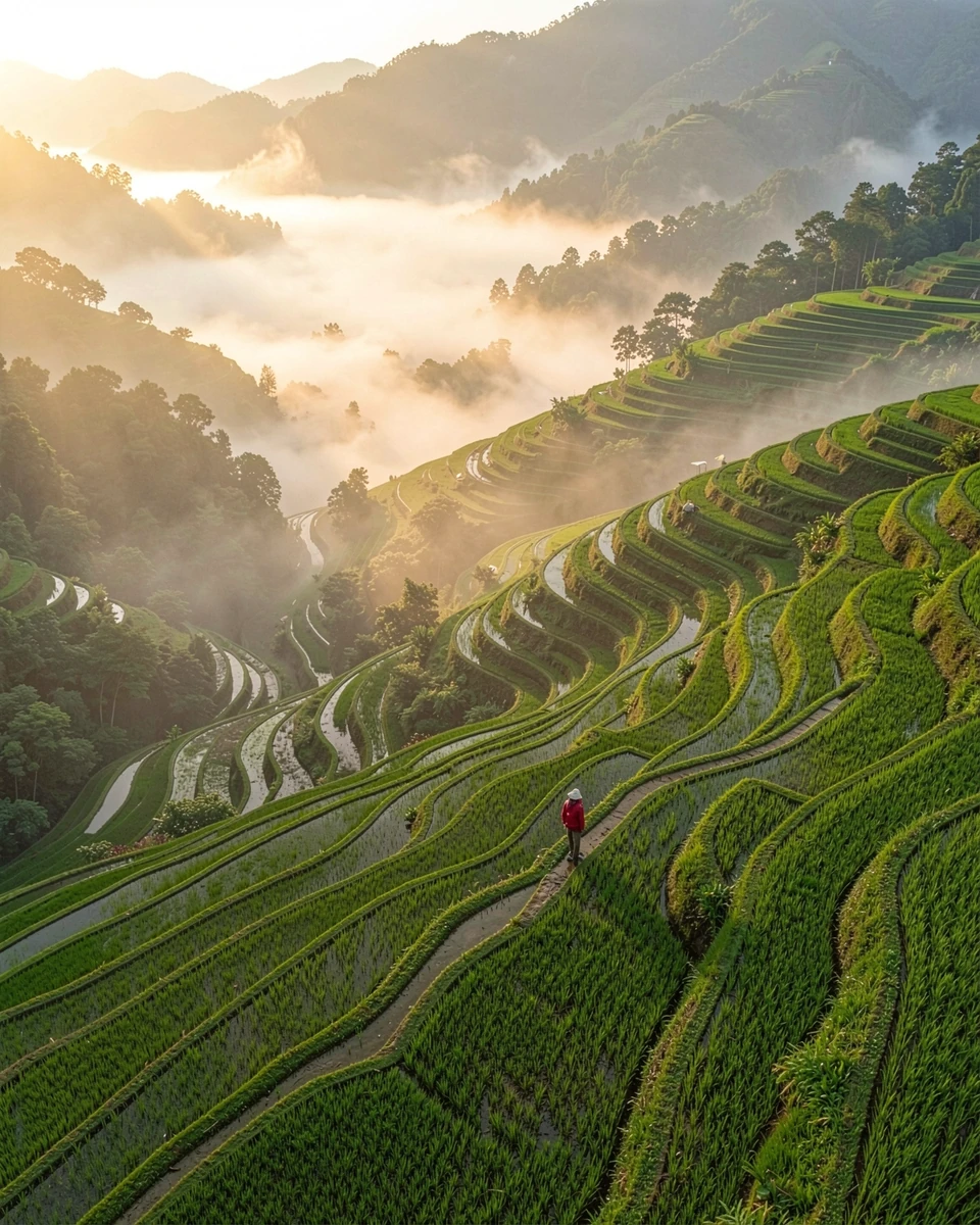 Aerial view of misty rice terraces at dawn with a farmer in red, generated by engine on FLUX.2 klein 9B