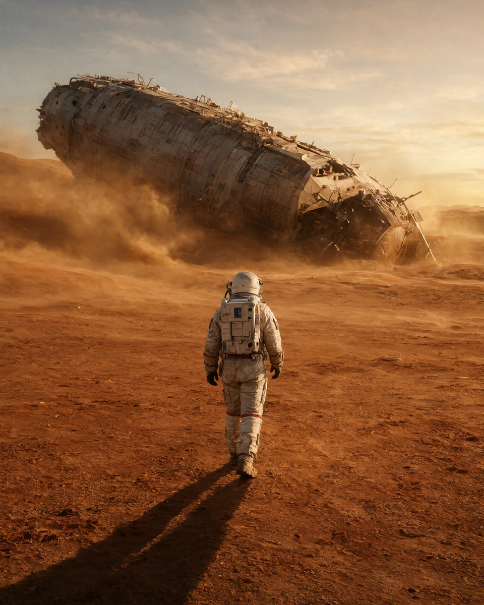 A cinematic still of an astronaut walking across a red desert toward a crashed spacecraft in a dust storm at golden hour, generated by engine on Qwen-Image 2.1