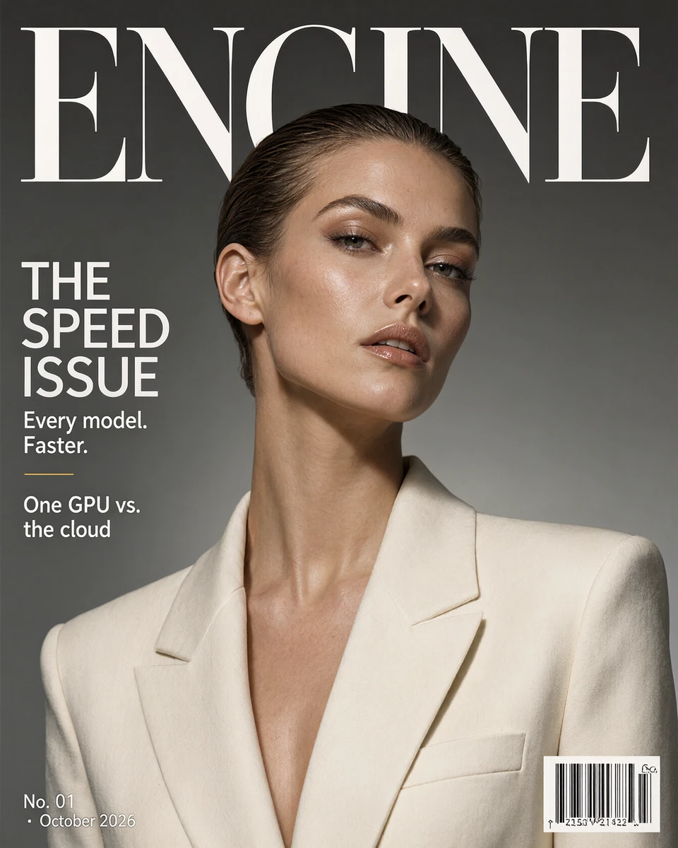 A fashion magazine cover with the masthead ENGINE and cover lines THE SPEED ISSUE, generated by engine on Qwen-Image 2.1
