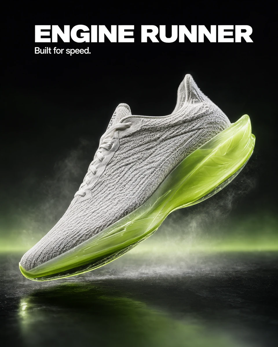 A premium sneaker ad: a white knit running shoe with a glowing volt-green sole floating above a black floor under the headline ENGINE RUNNER, Built for speed., generated by engine on Qwen-Image 2.1