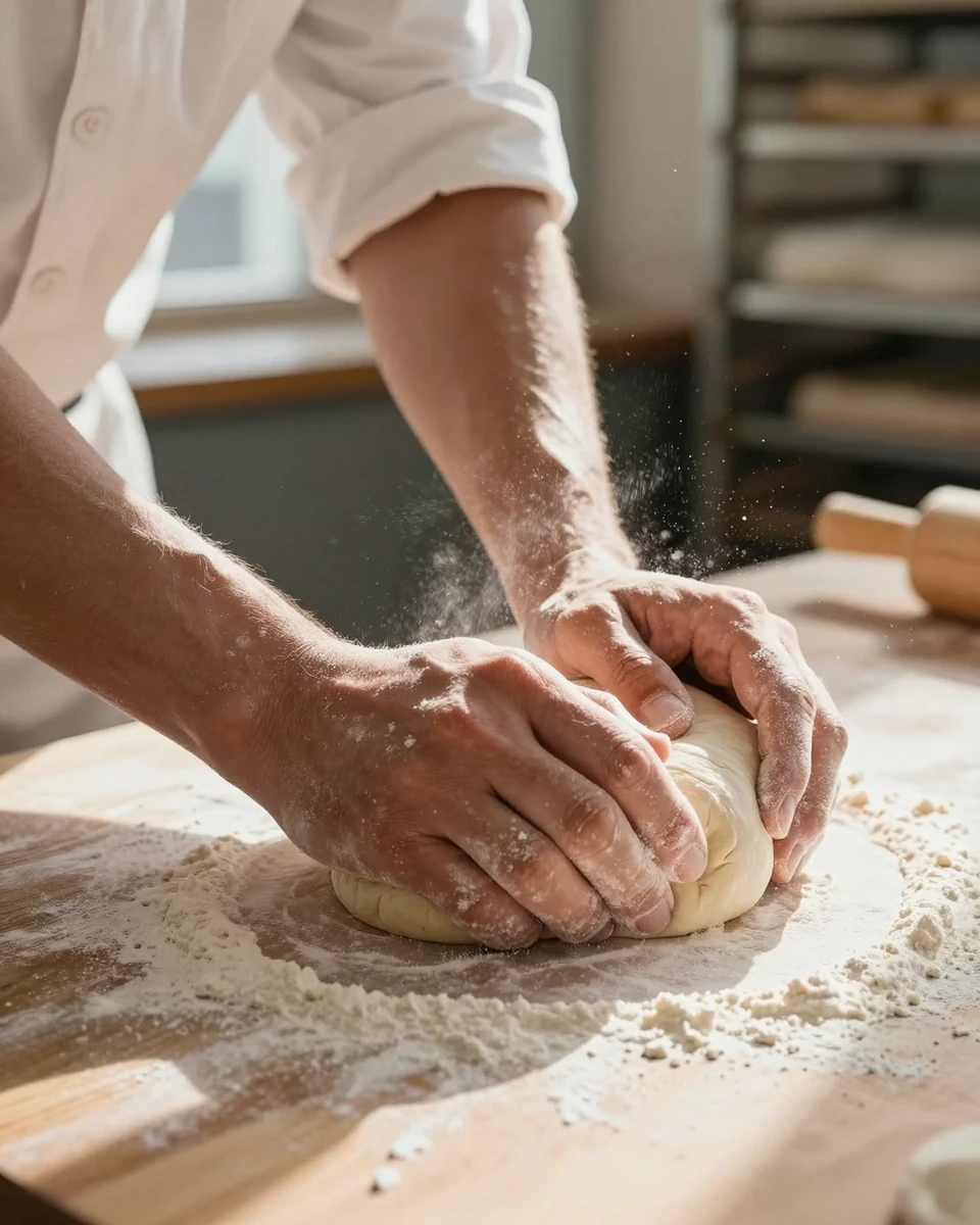 A baker's floury hands kneading dough in a sunbeam, generated by engine on Z-Image Turbo