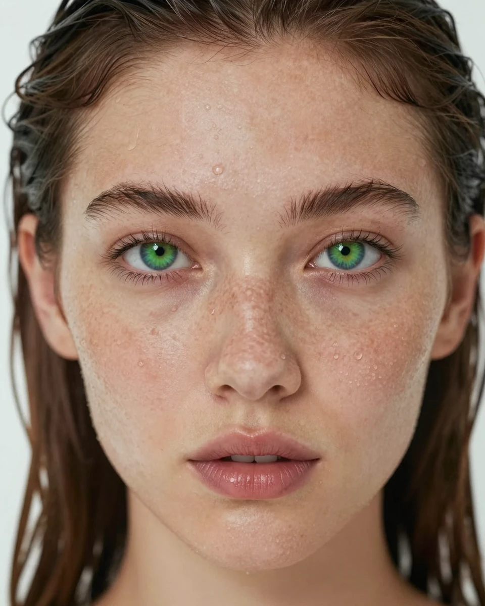 Hyperreal close-up portrait of a freckled young woman with wet hair and green eyes, generated by engine on Z-Image Turbo