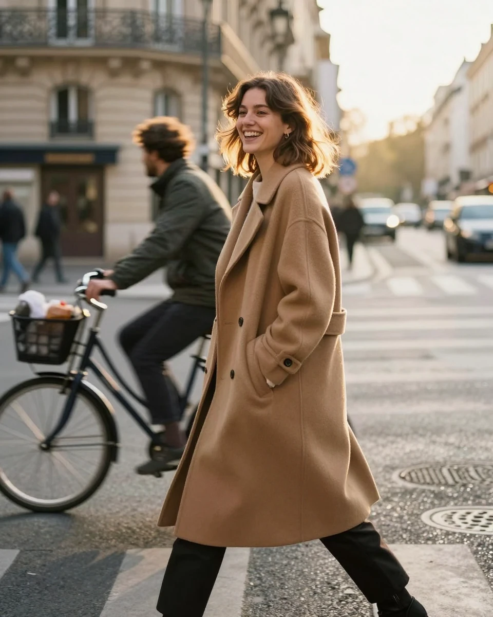 A candid street-style photo of a laughing young woman in a camel coat crossing a Paris street at golden hour, generated by engine on Z-Image Turbo